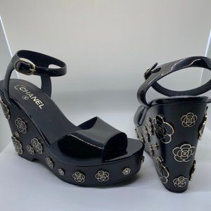 Chanel Black Patent Leather Camellia Wedge